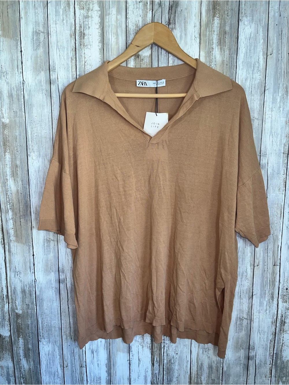 Zara Knit Polo Top L NWT Beige Oversized Collared Short Sleeve Minimalist - Picture 2 of 6